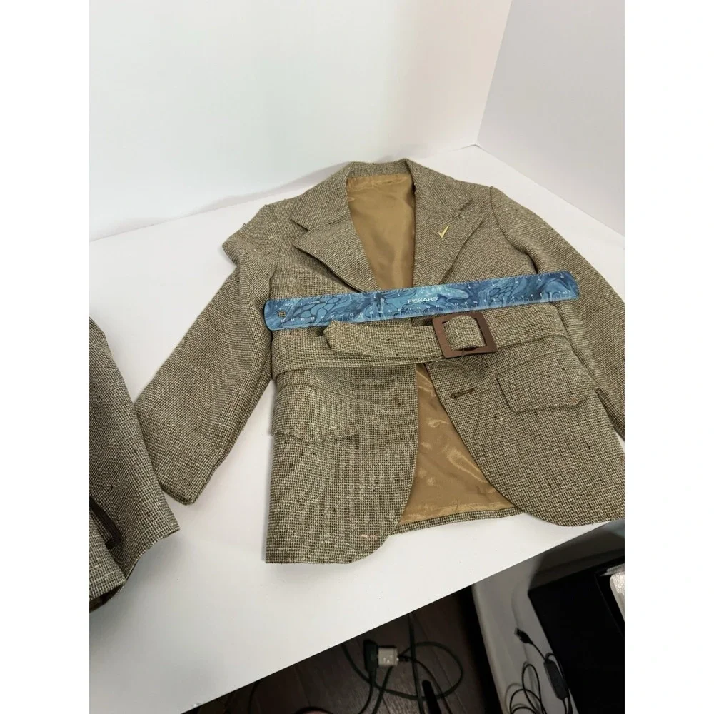 Vintage Mens Brown Herringbone Tweed Belted Jacket and Vest Set 1940s 50s Style